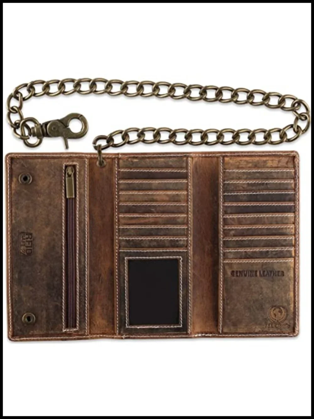 Premium Buffalo Leather RFID Blocking Chain Wallet Tri-Fold with 16 Slots